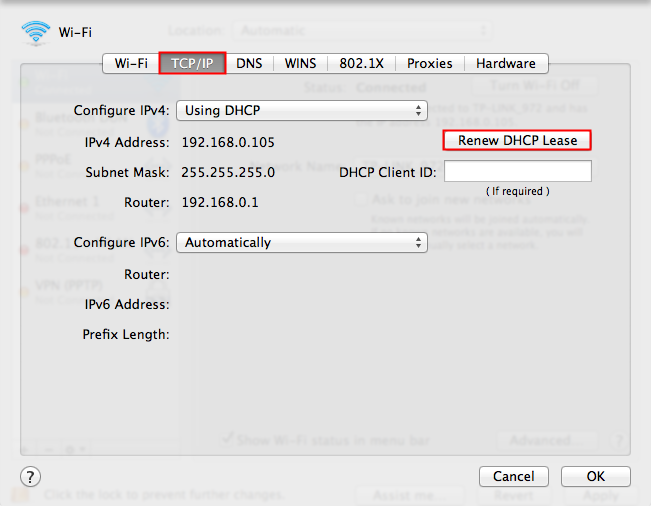 Click "Renew DHCP Lease".