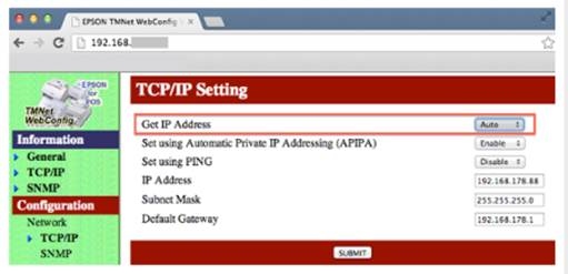 EPSON TMNet WebConfig TCP/IP Settings page with "Get IP Address" field highlighted, set to Auto.