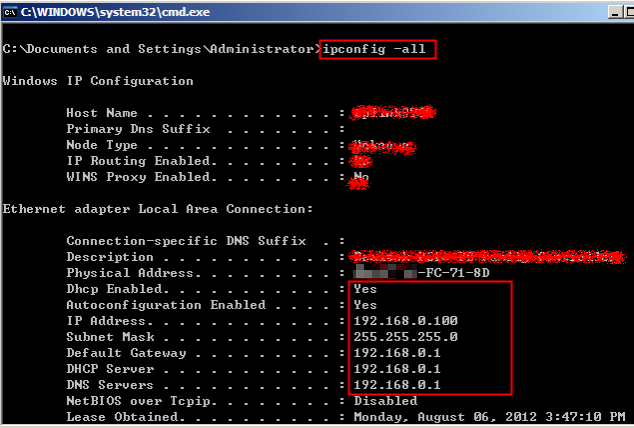 ipconfig -all result page.