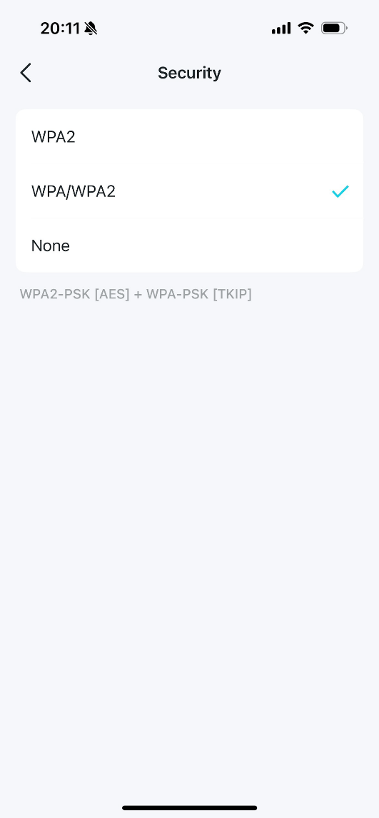 The Security page with three options: WPA2, WPA/WPA2, None.